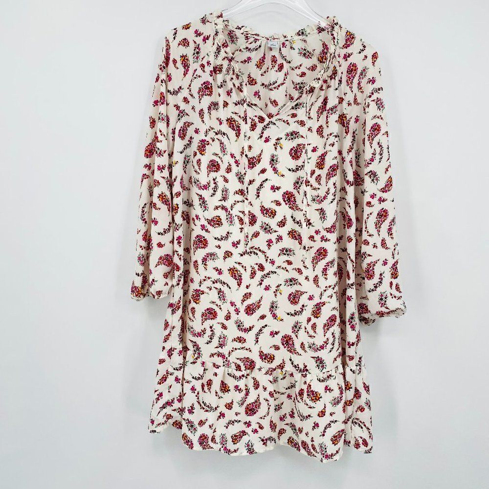 Old Navy Size Small Long Sleeve Tie Neck Cream & Pink Floral Paisley Midi Dress